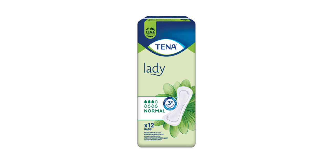 علبة من Tena Pads بنسختها الخضراء من الفوط العاديّة الخاصّة بالسلس البولي