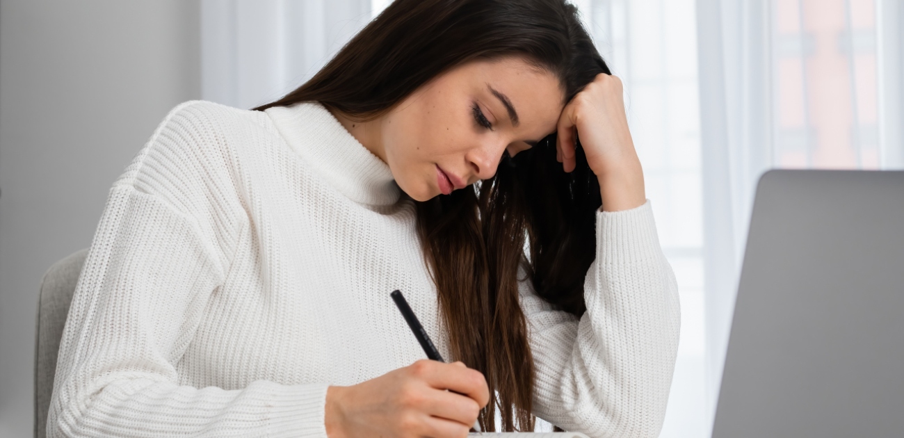 امرأة تكتب رسالة بحزن